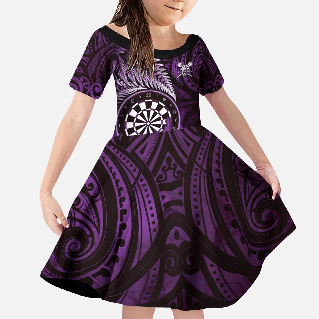 Personalised New Zealand Darts Family Matching Summer Maxi Dress and Hawaiian Shirt Maori Koru Dartboard Purple Flame LT05 Daughter's Dress Purple - Polynesian Pride