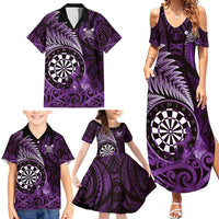 Personalised New Zealand Darts Family Matching Summer Maxi Dress and Hawaiian Shirt Maori Koru Dartboard Purple Flame LT05 - Polynesian Pride