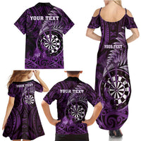 Personalised New Zealand Darts Family Matching Summer Maxi Dress and Hawaiian Shirt Maori Koru Dartboard Purple Flame LT05 - Polynesian Pride