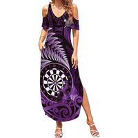 Personalised New Zealand Darts Family Matching Summer Maxi Dress and Hawaiian Shirt Maori Koru Dartboard Purple Flame LT05 Mom's Dress Purple - Polynesian Pride