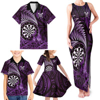 Personalised New Zealand Darts Family Matching Tank Maxi Dress and Hawaiian Shirt Maori Koru Dartboard Purple Flame LT05 - Polynesian Pride