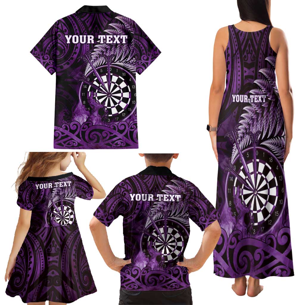 Personalised New Zealand Darts Family Matching Tank Maxi Dress and Hawaiian Shirt Maori Koru Dartboard Purple Flame LT05 - Polynesian Pride