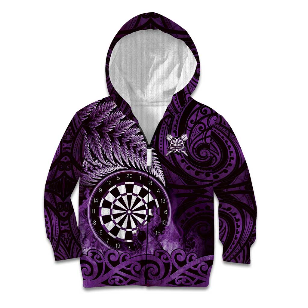 Personalised New Zealand Darts Kid Hoodie Maori Koru Dartboard Purple Flame LT05 Zip Hoodie Purple - Polynesian Pride