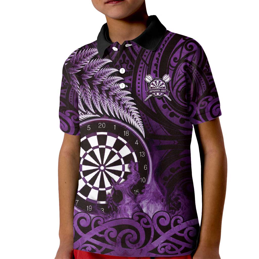 Personalised New Zealand Darts Kid Polo Shirt Maori Koru Dartboard Purple Flame LT05 Kid Purple - Polynesian Pride