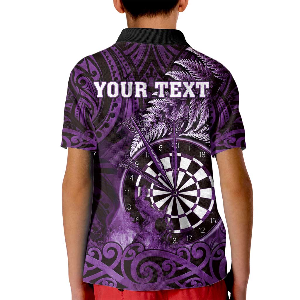 Personalised New Zealand Darts Kid Polo Shirt Maori Koru Dartboard Purple Flame LT05 - Polynesian Pride