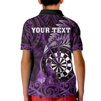 Personalised New Zealand Darts Kid Polo Shirt Maori Koru Dartboard Purple Flame LT05 - Polynesian Pride