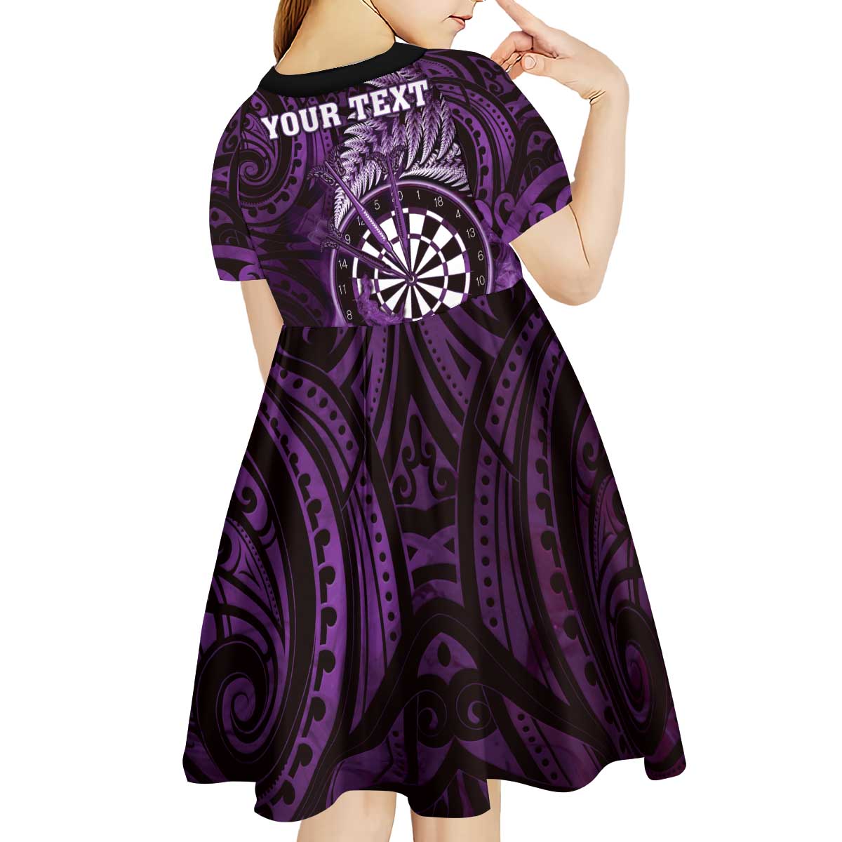 Personalised New Zealand Darts Kid Short Sleeve Dress Maori Koru Dartboard Purple Flame LT05 - Polynesian Pride