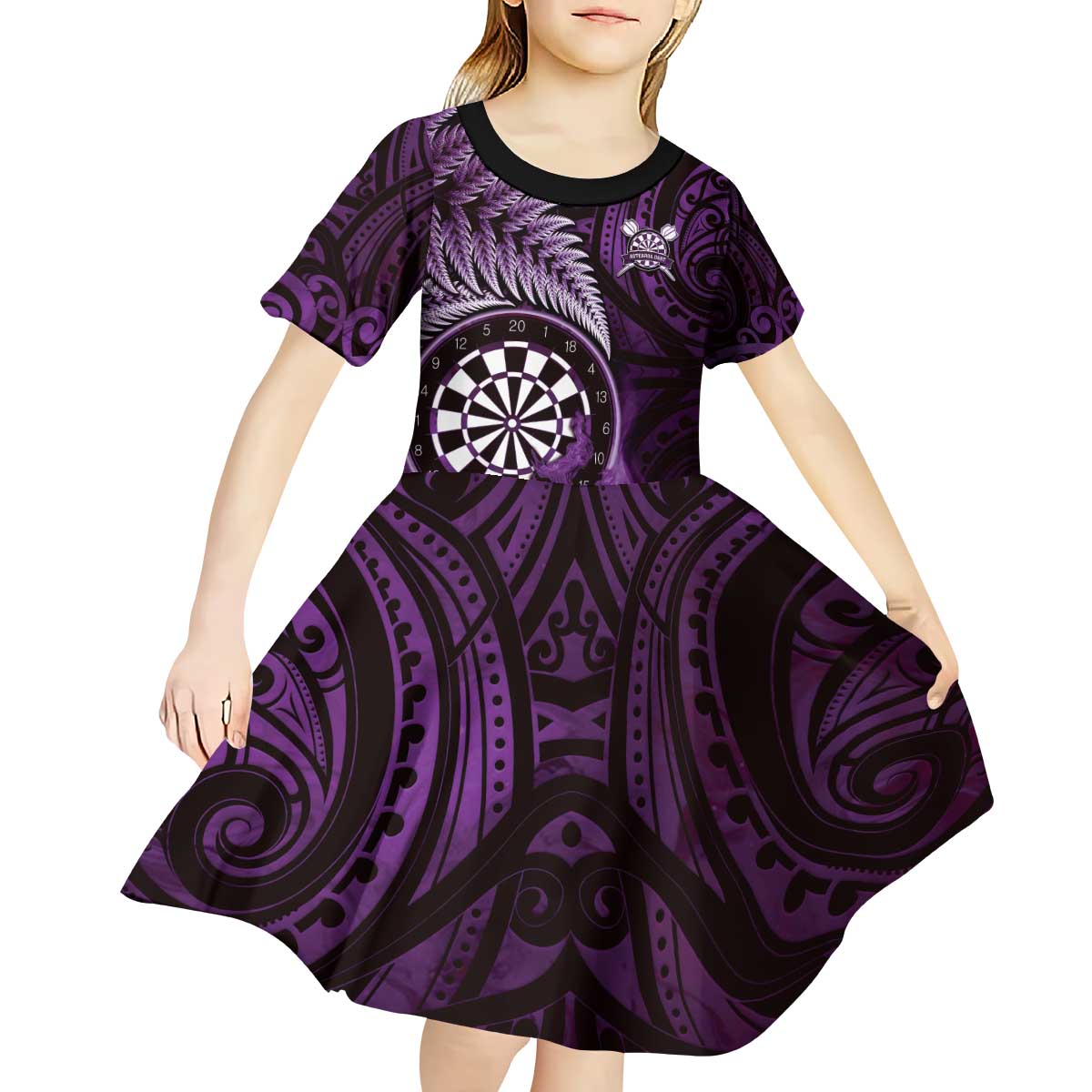 Personalised New Zealand Darts Kid Short Sleeve Dress Maori Koru Dartboard Purple Flame LT05 - Polynesian Pride