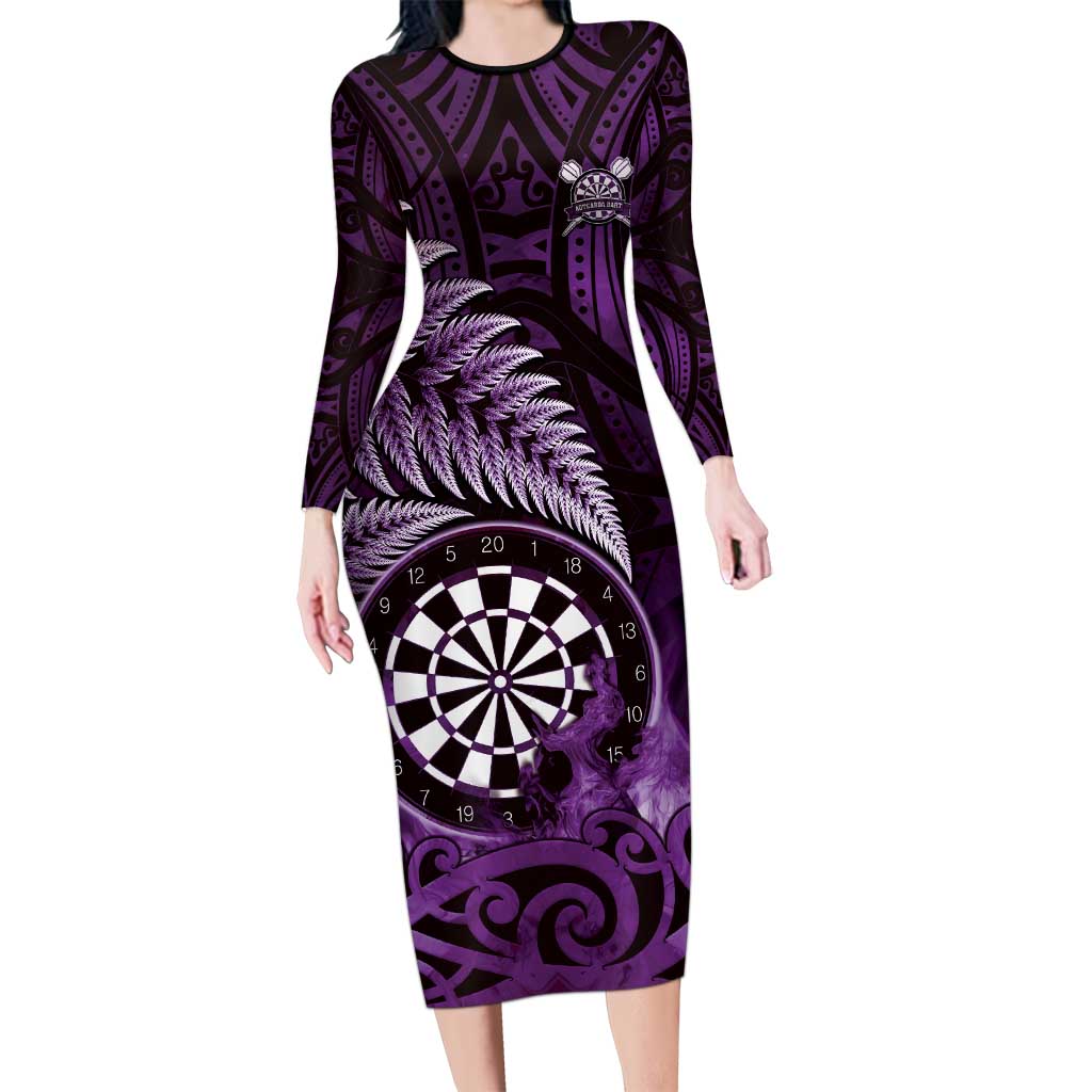 Personalised New Zealand Darts Long Sleeve Bodycon Dress Maori Koru Dartboard Purple Flame LT05 Long Dress Purple - Polynesian Pride