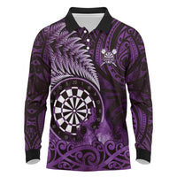 Personalised New Zealand Darts Long Sleeve Polo Shirt Maori Koru Dartboard Purple Flame LT05 Purple - Polynesian Pride