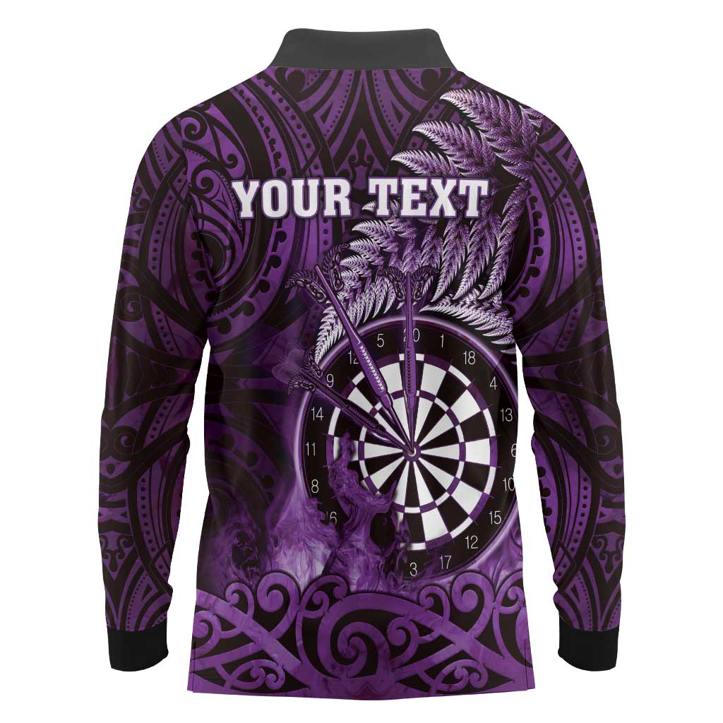 Personalised New Zealand Darts Long Sleeve Polo Shirt Maori Koru Dartboard Purple Flame LT05 - Polynesian Pride