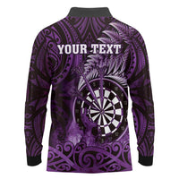 Personalised New Zealand Darts Long Sleeve Polo Shirt Maori Koru Dartboard Purple Flame LT05 - Polynesian Pride