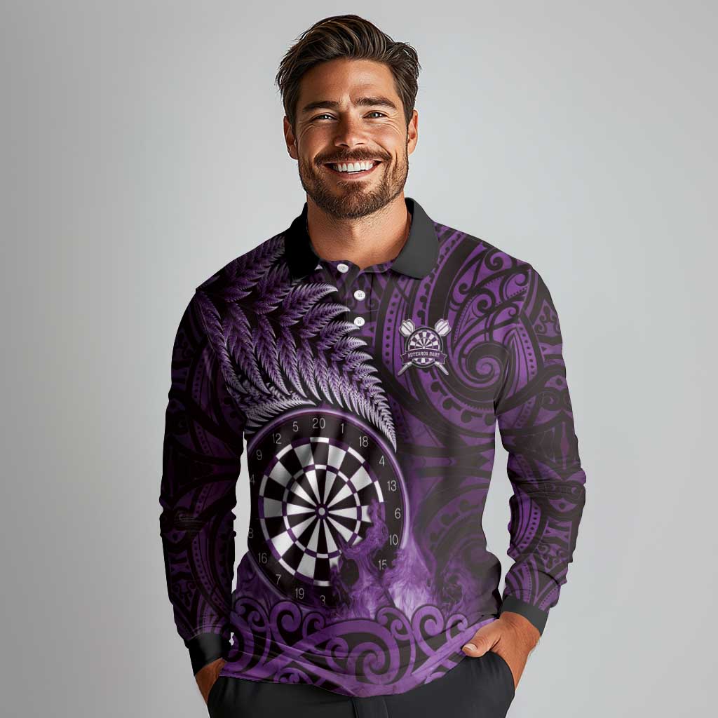 Personalised New Zealand Darts Long Sleeve Polo Shirt Maori Koru Dartboard Purple Flame LT05 - Polynesian Pride