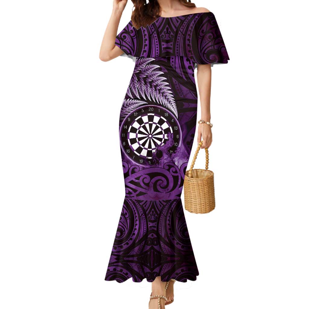 Personalised New Zealand Darts Mermaid Dress Maori Koru Dartboard Purple Flame LT05 Women Purple - Polynesian Pride