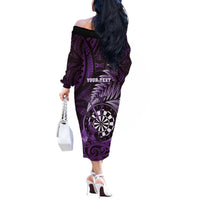 Personalised New Zealand Darts Off The Shoulder Long Sleeve Dress Maori Koru Dartboard Purple Flame LT05 - Polynesian Pride