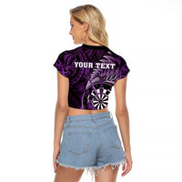 Personalised New Zealand Darts Raglan Cropped T Shirt Maori Koru Dartboard Purple Flame LT05 - Polynesian Pride