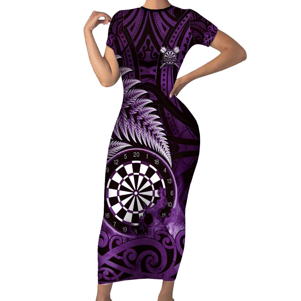 Personalised New Zealand Darts Short Sleeve Bodycon Dress Maori Koru Dartboard Purple Flame LT05 Long Dress Purple - Polynesian Pride