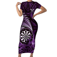 Personalised New Zealand Darts Short Sleeve Bodycon Dress Maori Koru Dartboard Purple Flame LT05 Long Dress Purple - Polynesian Pride