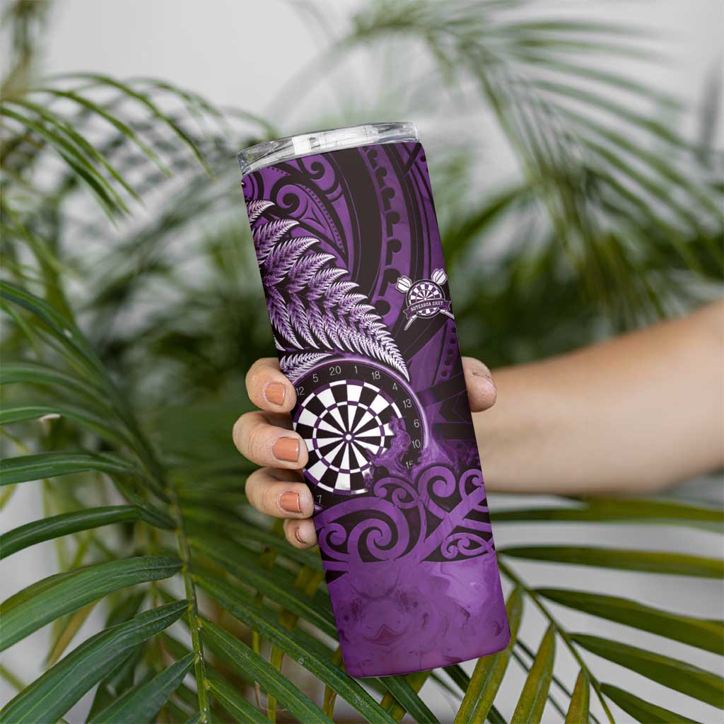 Personalised New Zealand Darts Skinny Tumbler Maori Koru Dartboard Purple Flame LT05 - Polynesian Pride