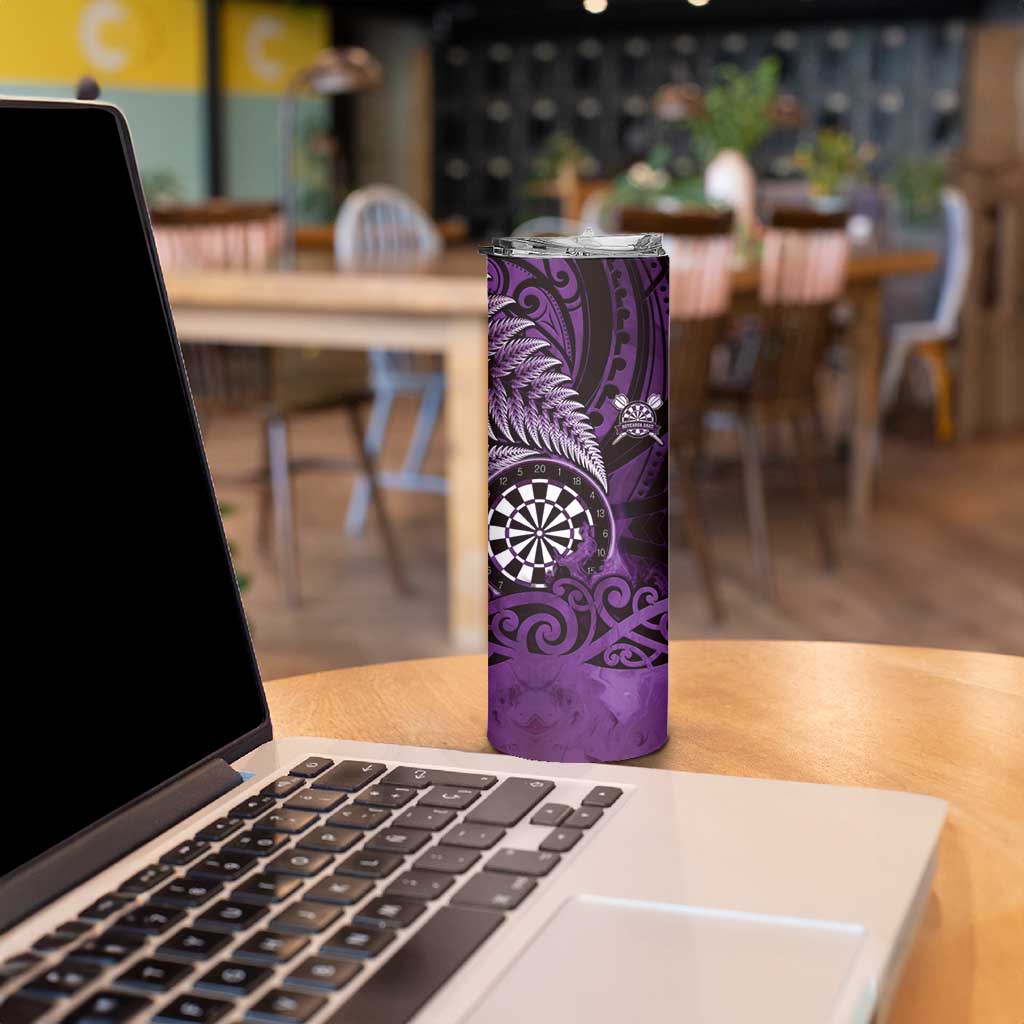 Personalised New Zealand Darts Skinny Tumbler Maori Koru Dartboard Purple Flame LT05 - Polynesian Pride