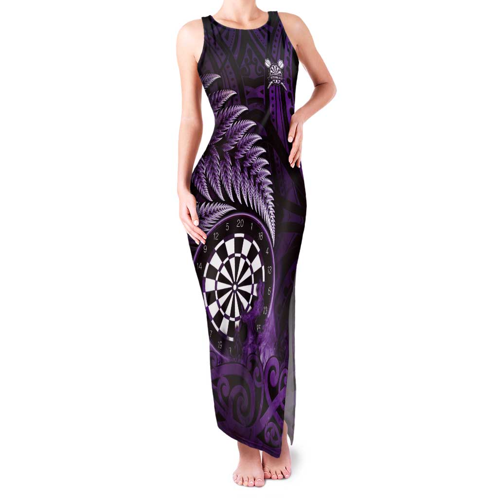 Personalised New Zealand Darts Tank Maxi Dress Maori Koru Dartboard Purple Flame LT05 Women Purple - Polynesian Pride