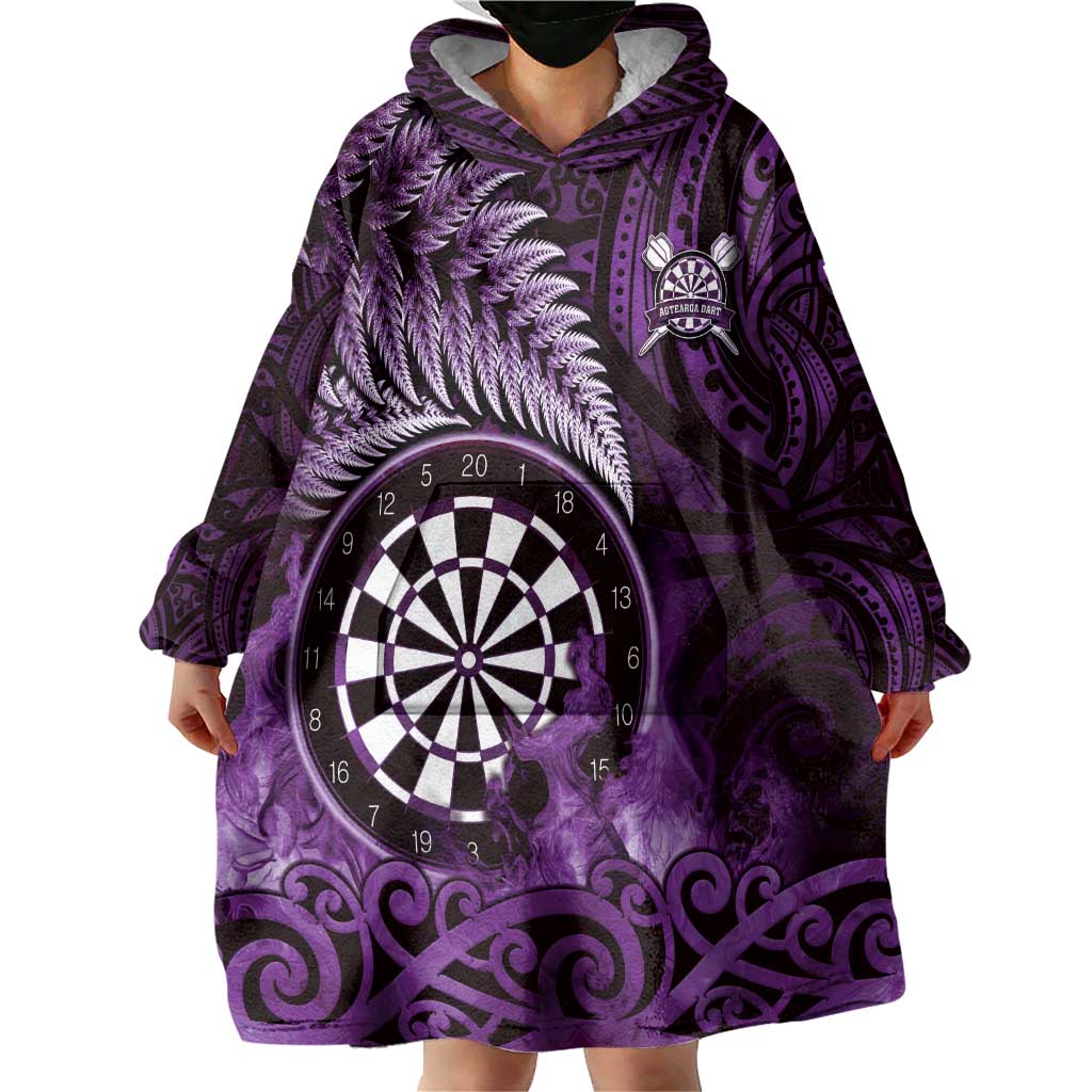Personalised New Zealand Darts Wearable Blanket Hoodie Maori Koru Dartboard Purple Flame LT05 - Polynesian Pride