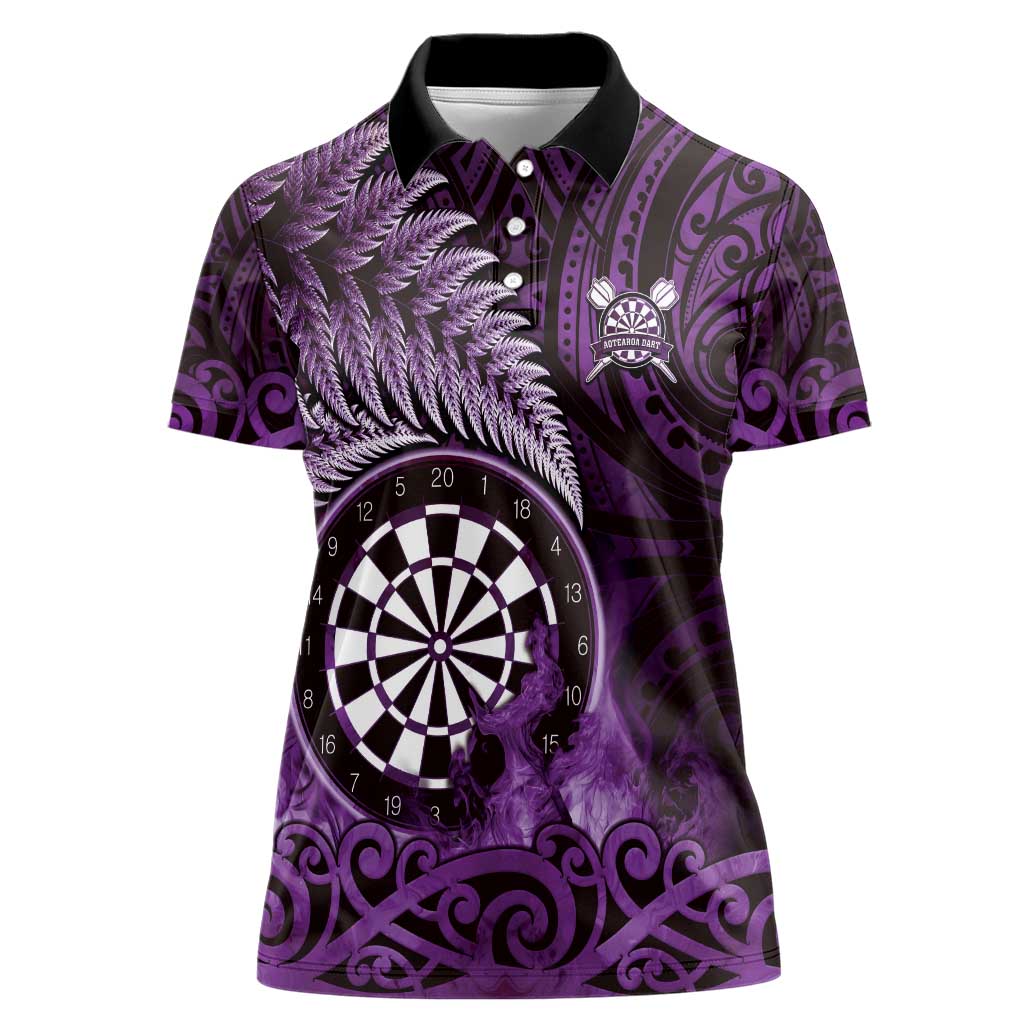 Personalised New Zealand Darts Women Polo Shirt Maori Koru Dartboard Purple Flame LT05 Female Purple - Polynesian Pride