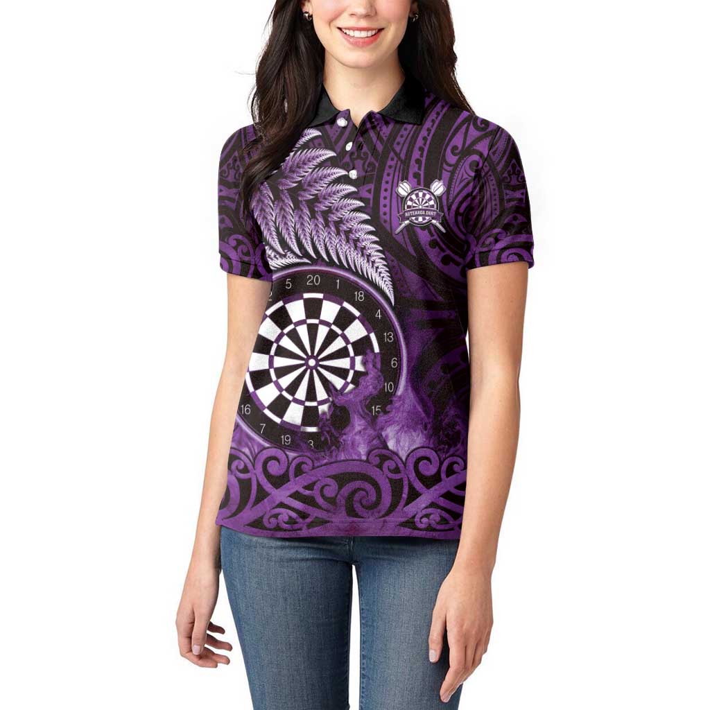 Personalised New Zealand Darts Women Polo Shirt Maori Koru Dartboard Purple Flame LT05 - Polynesian Pride
