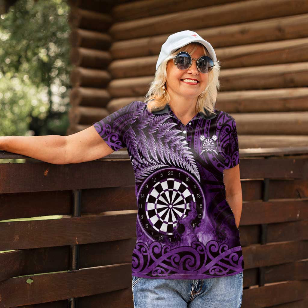 Personalised New Zealand Darts Women Polo Shirt Maori Koru Dartboard Purple Flame LT05 - Polynesian Pride