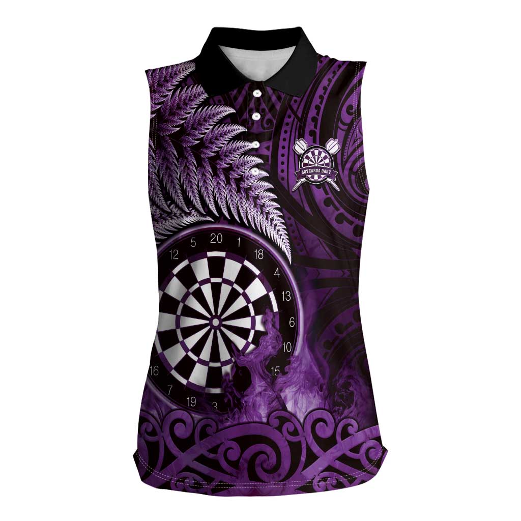 Personalised New Zealand Darts Women Sleeveless Polo Shirt Maori Koru Dartboard Purple Flame LT05 Female Purple - Polynesian Pride