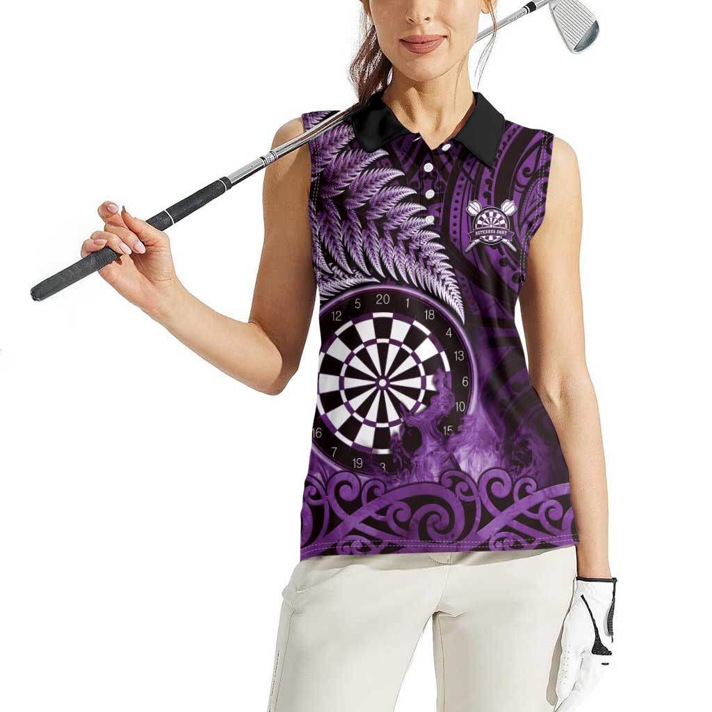 Personalised New Zealand Darts Women Sleeveless Polo Shirt Maori Koru Dartboard Purple Flame LT05 - Polynesian Pride