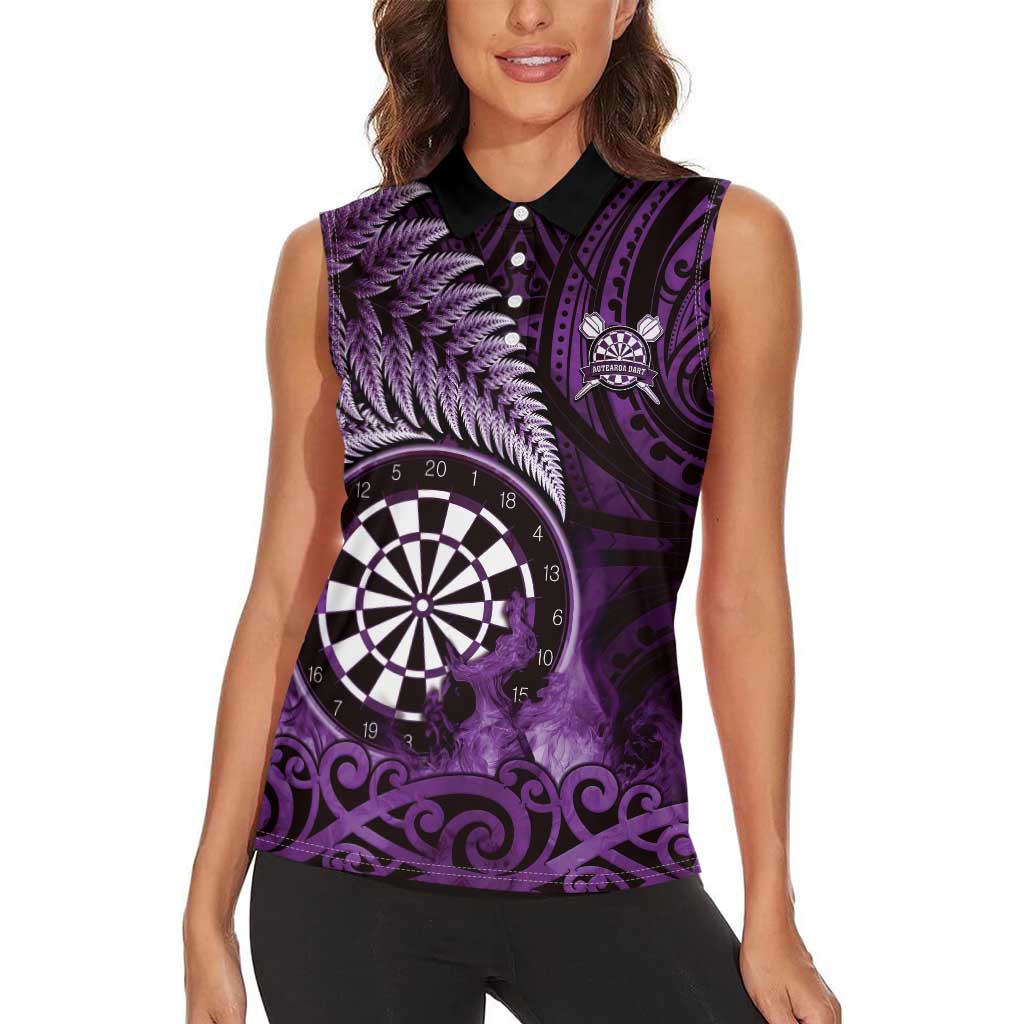 Personalised New Zealand Darts Women Sleeveless Polo Shirt Maori Koru Dartboard Purple Flame LT05 - Polynesian Pride