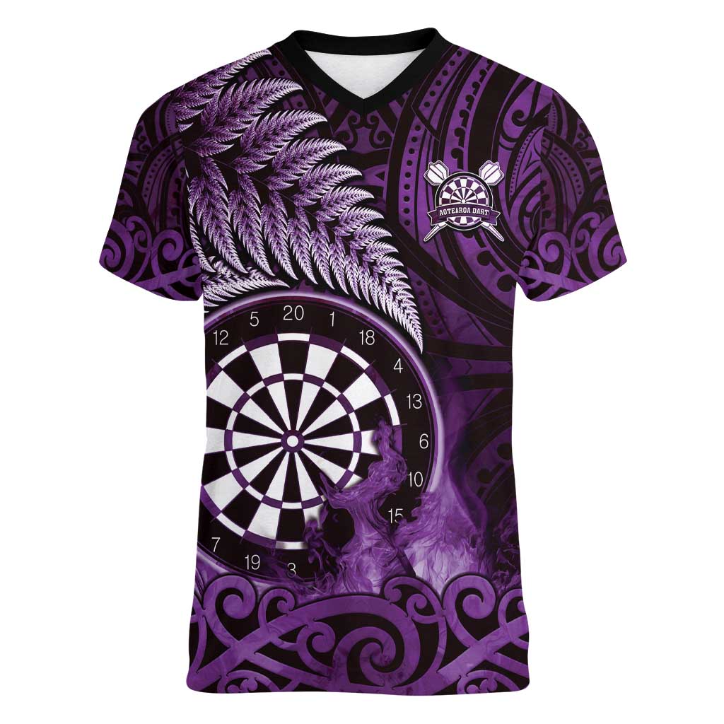 Personalised New Zealand Darts Women V-Neck T-Shirt Maori Koru Dartboard Purple Flame LT05 Female Purple - Polynesian Pride