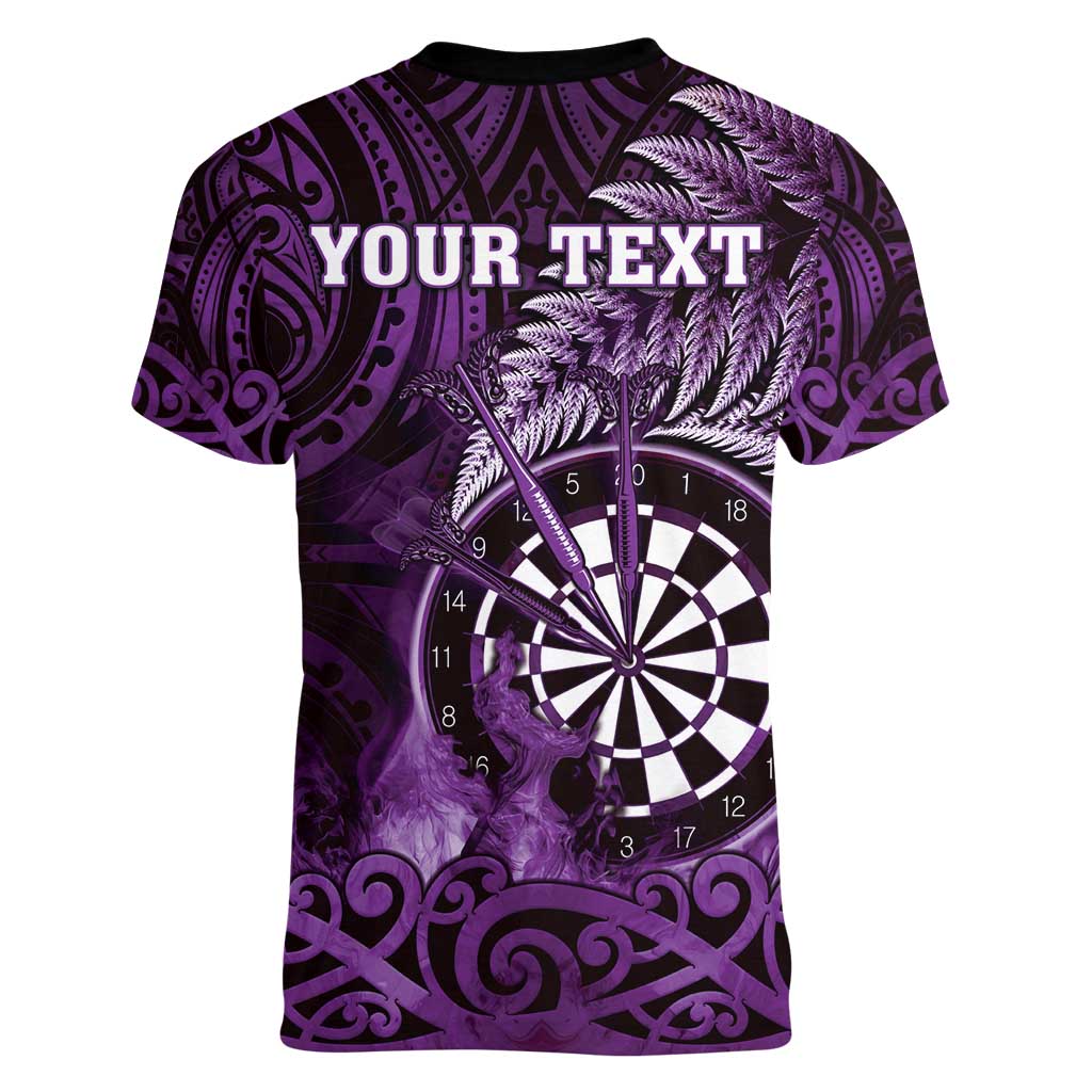 Personalised New Zealand Darts Women V-Neck T-Shirt Maori Koru Dartboard Purple Flame LT05 - Polynesian Pride