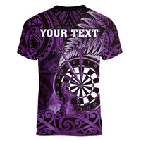 Personalised New Zealand Darts Women V-Neck T-Shirt Maori Koru Dartboard Purple Flame LT05 - Polynesian Pride