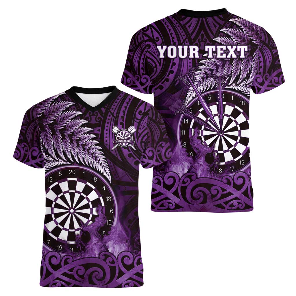 Personalised New Zealand Darts Women V-Neck T-Shirt Maori Koru Dartboard Purple Flame LT05 - Polynesian Pride