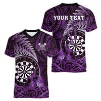 Personalised New Zealand Darts Women V-Neck T-Shirt Maori Koru Dartboard Purple Flame LT05 - Polynesian Pride