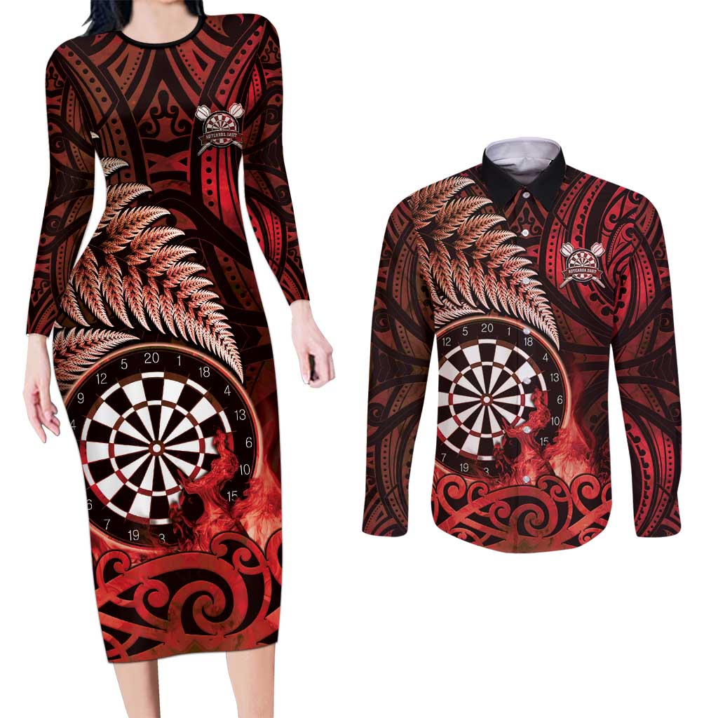 Personalised New Zealand Darts Couples Matching Long Sleeve Bodycon Dress and Long Sleeve Button Shirt Maori Koru Dartboard Red Flame LT05 Red - Polynesian Pride