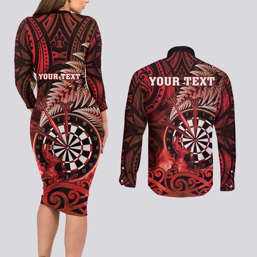 Personalised New Zealand Darts Couples Matching Long Sleeve Bodycon Dress and Long Sleeve Button Shirt Maori Koru Dartboard Red Flame LT05 - Polynesian Pride