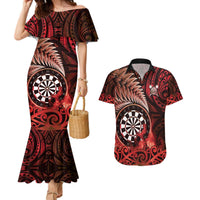 Personalised New Zealand Darts Couples Matching Mermaid Dress and Hawaiian Shirt Maori Koru Dartboard Red Flame LT05 Red - Polynesian Pride