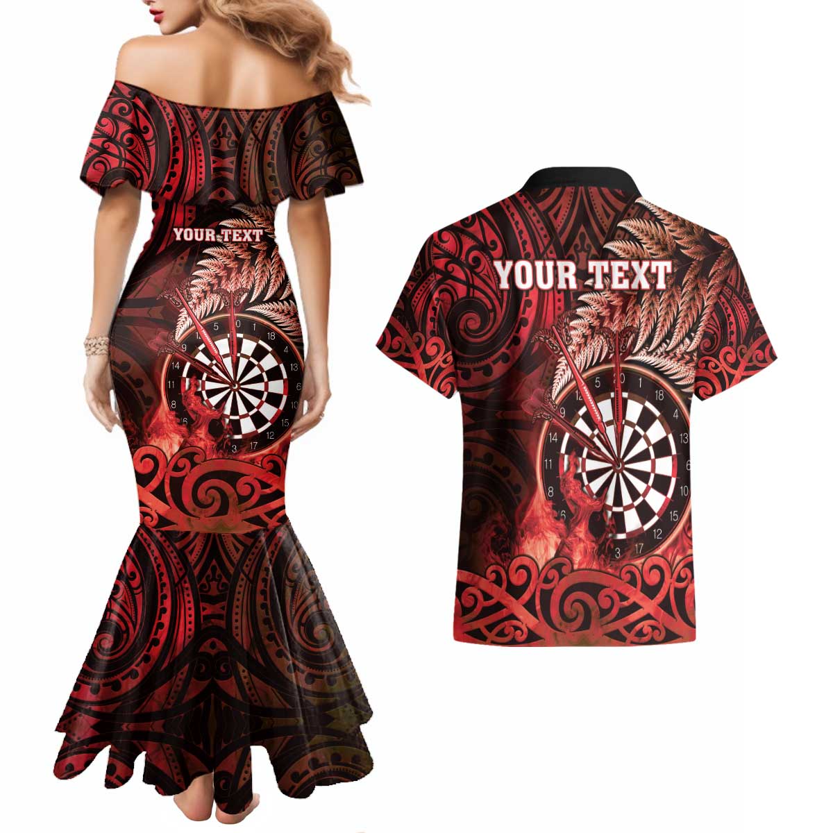 Personalised New Zealand Darts Couples Matching Mermaid Dress and Hawaiian Shirt Maori Koru Dartboard Red Flame LT05 - Polynesian Pride