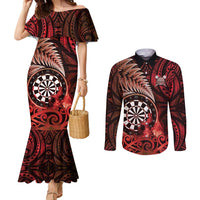 Personalised New Zealand Darts Couples Matching Mermaid Dress and Long Sleeve Button Shirt Maori Koru Dartboard Red Flame LT05 Red - Polynesian Pride