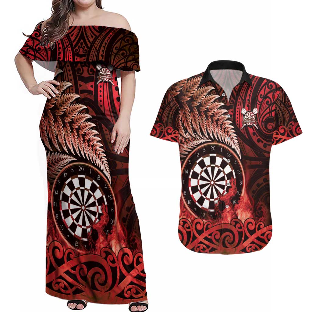 Personalised New Zealand Darts Couples Matching Off Shoulder Maxi Dress and Hawaiian Shirt Maori Koru Dartboard Red Flame LT05 Red - Polynesian Pride