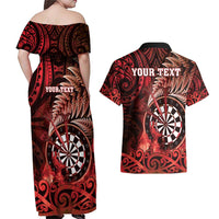 Personalised New Zealand Darts Couples Matching Off Shoulder Maxi Dress and Hawaiian Shirt Maori Koru Dartboard Red Flame LT05 - Polynesian Pride