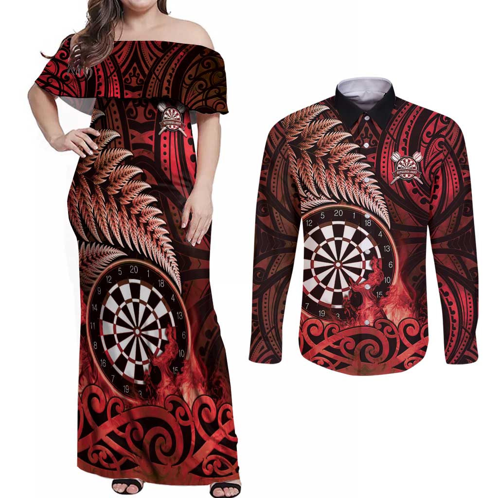 Personalised New Zealand Darts Couples Matching Off Shoulder Maxi Dress and Long Sleeve Button Shirt Maori Koru Dartboard Red Flame LT05 Red - Polynesian Pride