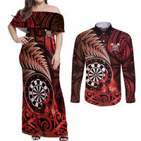 Personalised New Zealand Darts Couples Matching Off Shoulder Maxi Dress and Long Sleeve Button Shirt Maori Koru Dartboard Red Flame LT05 Red - Polynesian Pride