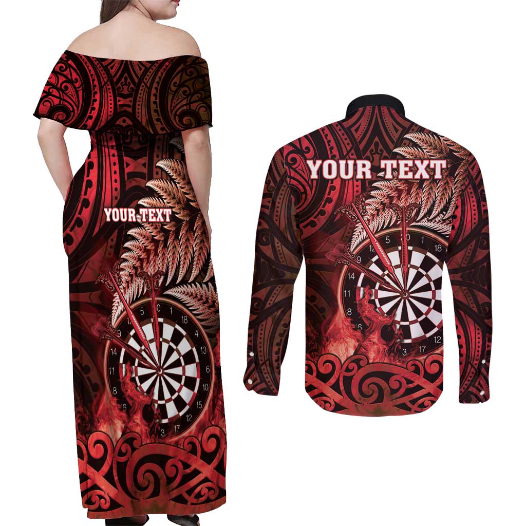 Personalised New Zealand Darts Couples Matching Off Shoulder Maxi Dress and Long Sleeve Button Shirt Maori Koru Dartboard Red Flame LT05 - Polynesian Pride