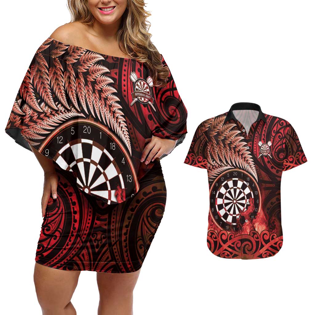 Personalised New Zealand Darts Couples Matching Off Shoulder Short Dress and Hawaiian Shirt Maori Koru Dartboard Red Flame LT05 Red - Polynesian Pride