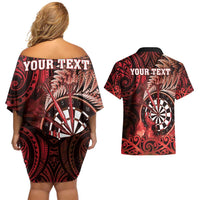 Personalised New Zealand Darts Couples Matching Off Shoulder Short Dress and Hawaiian Shirt Maori Koru Dartboard Red Flame LT05 - Polynesian Pride