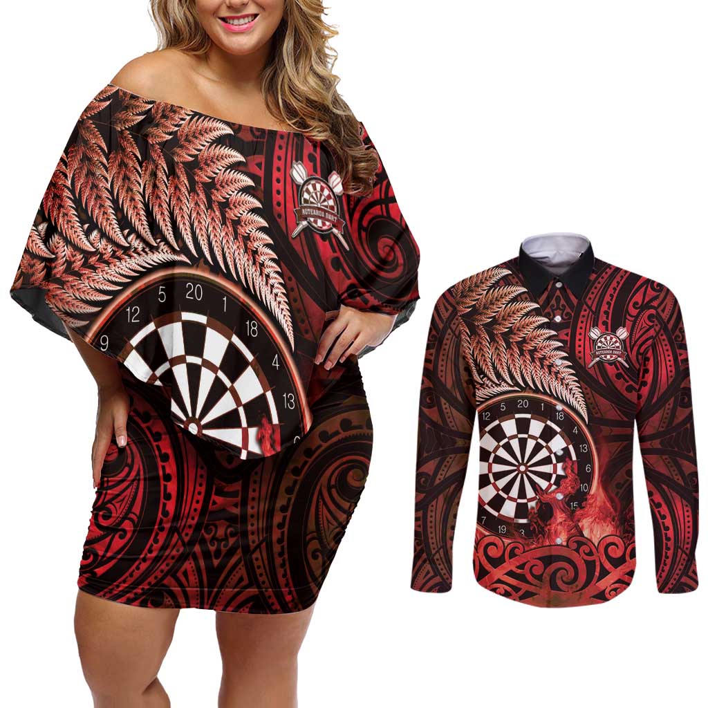 Personalised New Zealand Darts Couples Matching Off Shoulder Short Dress and Long Sleeve Button Shirt Maori Koru Dartboard Red Flame LT05 Red - Polynesian Pride